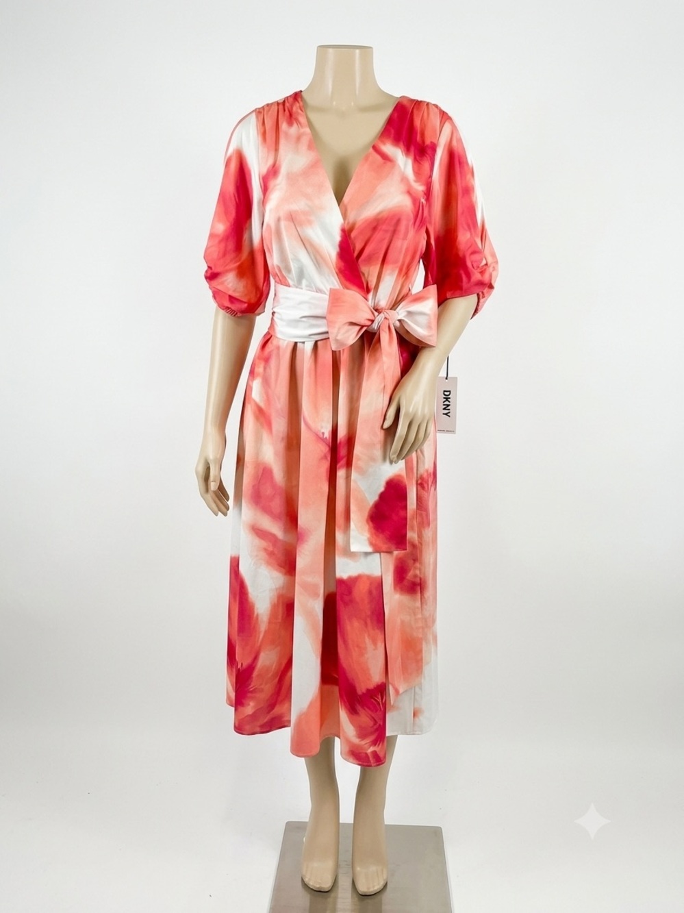DKNY Pink Coral & White Watercolor Wrap Midi Dress